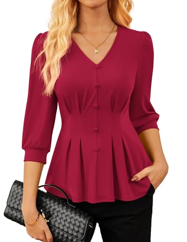 GRACE KARIN Damen Hemd Bluse Elegant Herbst V-Ausschnitt Tops Casual Stretch Plissee Laternenärmel Pullover Weinrot S von GRACE KARIN
