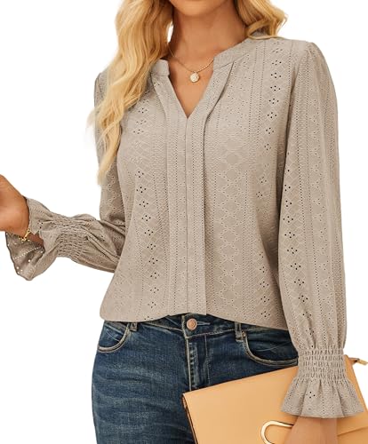 GRACE KARIN Damen Henley V-Ausschnitt Lockere T-Shirts Langarm Ösen Bluse Tops Beige L von GRACE KARIN