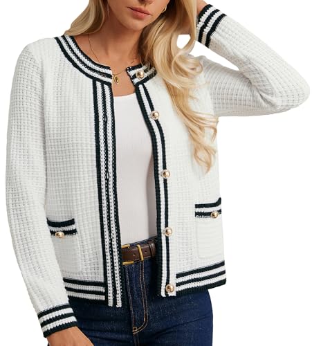 GRACE KARIN Damen Herbst Cardigan Leichte Rundhalsausschnitt mit Knöpfe Strickjacke S Weiß von GRACE KARIN