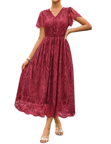 GRACE KARIN Damen Herbst Kurzarm Elegant Lang Boho Spitzenkleid Rüschen Saum Wickelkleid CL343-04 M von GRACE KARIN