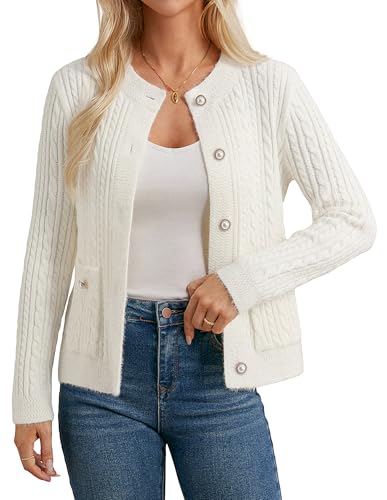 Damen Lässig Rundhals Cardigan Herbst Winter Langarm Grobstrick Strickjacke Elegante CL262-02/Weiß M von GRACE KARIN