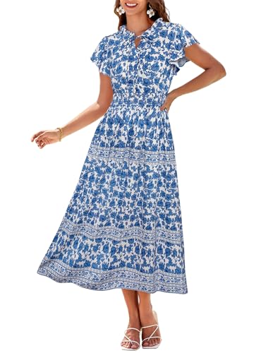 GRACE KARIN Damen High Waist Kurzarm Lightweight Strandkleider Festilch Blumenkleid für Hochzeitsgäste Blaue Blumen S von GRACE KARIN