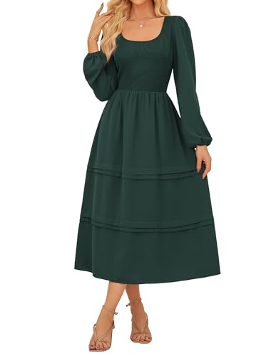 GRACE KARIN Damen-Hochzeits-Midikleider lässig Rundhalsausschnitt Herbst 2025 Kleid mit mehrlagigem Saum Elegantes Kleid mit Taschen Dunkelgrün S von GRACE KARIN