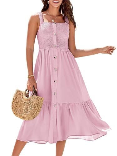 GRACE KARIN Damen Hochzeitsgastkleider Sommer Boho Spaghetti Strap Flowy Button Down Lässig Smocked Cruise Outfits Cute A Line Midi Dress mit Taschen Rosa L von GRACE KARIN