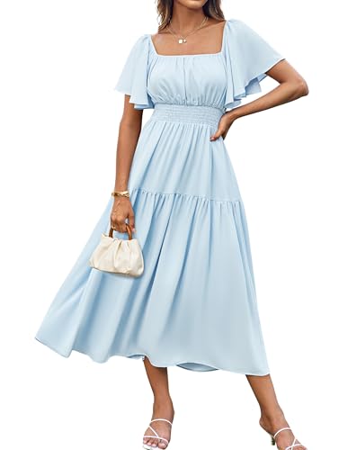 GRACE KARIN Damen Hochzeitskleid Sommer Maxikleid Chiffonkleid Kurze Ärmel A-Linie Kleid Hellblau L von GRACE KARIN