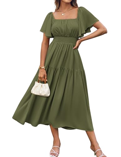 GRACE KARIN Damen Hochzeitskleid Sommer Maxikleid Chiffonkleid Kurze Ärmel A-Linie Kleid Olivgrün L von GRACE KARIN