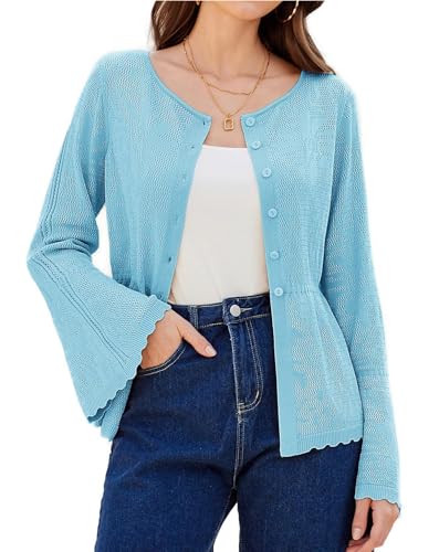 GRACE KARIN Damen Hohle Strickjacken Hochelastische Lässige Rundhals Cardigan Hellblau S von GRACE KARIN