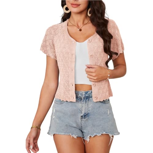 GRACE KARIN Damen Hollowed-Out Strickjacke Top mit U-Ausschnitt dünn Casual Urlaub Freizeit Strickjacke Rosa L von GRACE KARIN