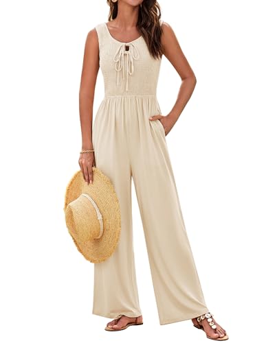 GRACE KARIN Damen Jumpsuit mit Cut-Outs und Bindeband vorne Rundhalsausschnitt ärmellos weites Bein langer Playsuit eleganter Hosenanzug Büro mit Taschen Khaki XL von GRACE KARIN