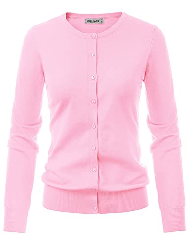 GRACE KARIN Damen Klassisch Langarm Strickcardigan Pullover Casual Open Front Button Down Solid Cardigan Tops S-3XL - Pink - 3X-Groß von GRACE KARIN