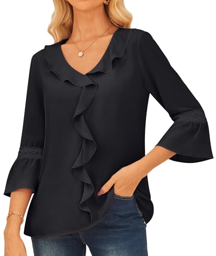GRACE KARIN Damen Klassische 3/4-Glockenärmel Tops Romantische Spitzen Festliche Hochzeit Oberteile Schwarz XL von GRACE KARIN
