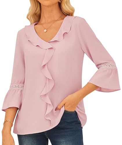 GRACE KARIN Damen Klassische 3/4-Glockenärmel Tops Romantische Spitzen Festliche Hochzeit Urlaub Oberteile Rosa XL von GRACE KARIN