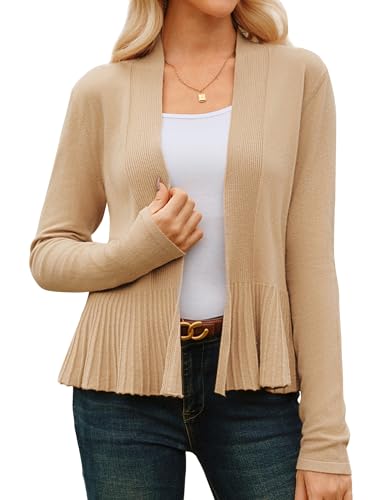 GRACE KARIN Damen Klassischer Schnitt Dünne Strickjacke Leichte Langärmlige Cardigan Offene Vorderseite Casual Angenehme Bolero mit Raffung Helles Khaki M von GRACE KARIN