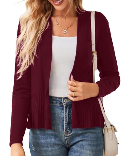 GRACE KARIN Damen Klassischer Schnitt Dünne Strickjacke Leichte Langärmlige Cardigan Offene Vorderseite Casual Angenehme Bolero mit Raffung M Weinrot von GRACE KARIN