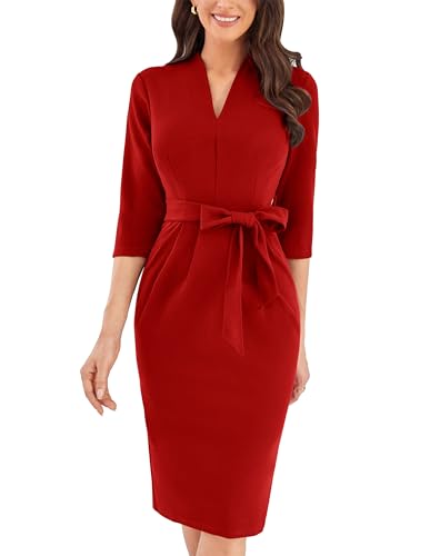 GRACE KARIN Damen Klassisches V-Ausschnitt-Kleid mit Vordertaschen und Gürtel Rot L von GRACE KARIN