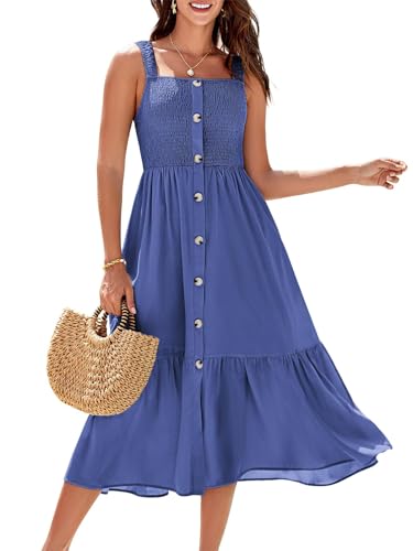 GRACE KARIN Damen Kleid Sommer Boho Elastischer Riemen Flowy Button Down Lässig Smocked Holiday Solid Color A Line Maternity Long Roral Blau Dress mit Taschen XXL von GRACE KARIN