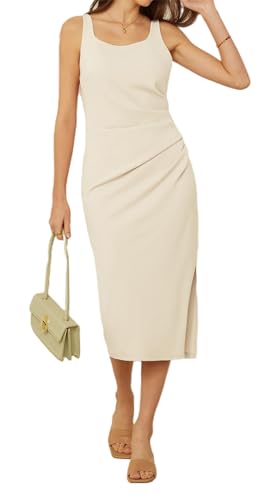 GRACE KARIN Damen Kleid mit quadratischem Ausschnitt, figurbetontes Kleid, ärmellos, Tank-Top-Kleid, Stretch, gerüschter Schlitz, Cocktailkleid, Midi-Kleider, Beige Weiß, 46 von GRACE KARIN