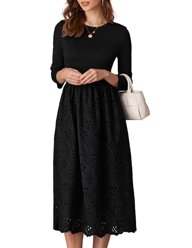 Damen Kleider Elegant Festlich Sommer-Maxikleid Runder Kragen 3/4-Ärmel Damen-Frühlingskleid mit Taschen Lässiges Kleid mit Hoher Taille L Schwarz von GRACE KARIN