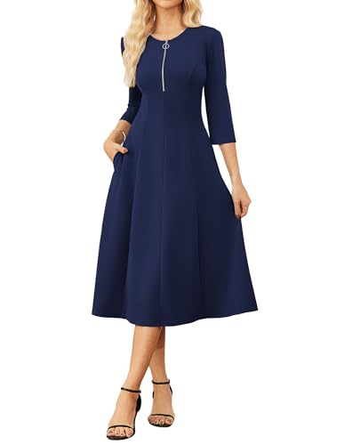 GRACE KARIN Damen Kleider Elegant Rundhals Reißverschluss 3/4-Ärmel Midi Herbstkleid Damen Freizeit mit Tasche Marineblau S von GRACE KARIN