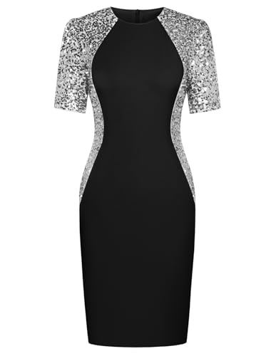Damen Kleider Elegant Vintage Cocktailkleid Abend Party Glitzer Kleid Schwarz Silber L von GRACE KARIN
