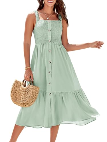 GRACE KARIN Damen Kleider Sommer Ärmellose Spaghetti Riemen Rüschen Button Down Gesmokte Boho Strand Urlaub A Line Flowy Grün Kleid mit Taschen L von GRACE KARIN