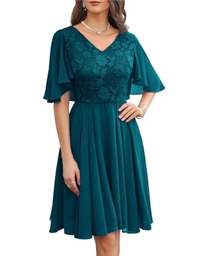 GRACE KARIN Damen Knielang Abendkleid mit Chiffonrock Luftig Leicht Spitzenkleid Blumen Elegant Rüschenärmel Cocktailkleid Hochzeit Pfauenblau 38 von GRACE KARIN
