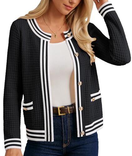 GRACE KARIN Damen Kurz Strickjacke Herbst Winter Rundhals Knopfleiste Langarm Cardigan L Schwarz von GRACE KARIN