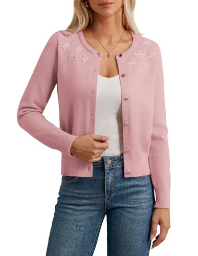 GRACE KARIN Damen Kurz Strickjacke Langarm Rundhals Button Down Basic Freizeit Cardigan Rosa XXL von GRACE KARIN