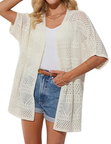 GRACE KARIN Damen Kurzärmlige Kimono Cardigan Sommer-Frühling Strickjacke V-Auschnitt Open Front Frezeit Stricjakce für Kleider Weiß L von GRACE KARIN