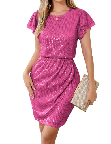 GRACE KARIN Damen Kurzarm Bleistiftkleid Rundhalsausschnitt Pailletten Partykleider Rosarot XXL von GRACE KARIN