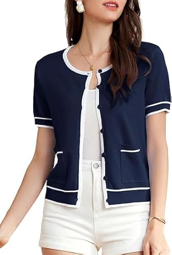 GRACE KARIN Damen Kurzarm Bolero Shrug Pullover Cropped Cardigan Rundhalsausschnitt Open Front Button Down Cardigan Pullover mit Taschen Marineblau L von GRACE KARIN