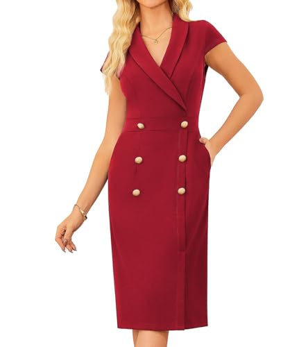 GRACE KARIN Damen Kurzarm Cocktailkleid Elegant V-Ausschnitt Slim Fit Bodycon Kleid Formal Business Bleistiftkleid Rot 36 von GRACE KARIN