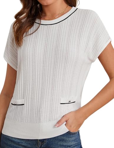 GRACE KARIN Damen Kurzarm Pullover Luftig Leicht Rundhals Sommer Strickoberteil Weiß XL von GRACE KARIN