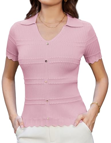 GRACE KARIN Damen Kurzarm Pullover V-Ausschnitt Reverskragen Poloshirt Casual Leicht Sweatshirt Strickpullover Rosa XL von GRACE KARIN