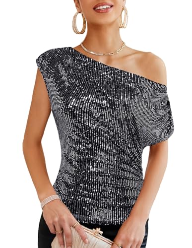 GRACE KARIN Damen Kurzarm Schrägerkragen Pailletten Tops Elegant Glitzer T-Schirt für Party Schwarz-Silber XL von GRACE KARIN