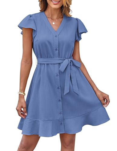 GRACE KARIN Damen Kurzarm Sommerkleid V-Ausschnitt Midi Tunika Strandkleid Rüschenärmel Freizeitkleid mit Gürtel Jeansblau 2XL von GRACE KARIN