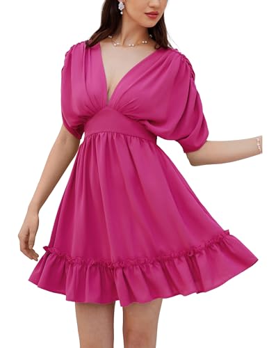 GRACE KARIN Damen Kurzarm Strandkleid Elegant Tiefer V-Ausschnitt Abendkleid A-Linie Freizeitkleid Rosa rot M von GRACE KARIN