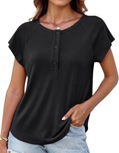 GRACE KARIN Damen Kurzarm-T-Shirt Rundhalsausschnitt Halbe Knopfleiste Button-Down Top Leichte Sommerbluse Atmungsaktiver Pullover Schwarz M von GRACE KARIN