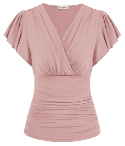 GRACE KARIN Damen Kurze Rüschenarm Bluse Elegant Wickbluse Slim Fit Plissee-Tops Einfarbige Tunika Bluse Party Top Rot XXL Hell-Pink XXL von GRACE KARIN