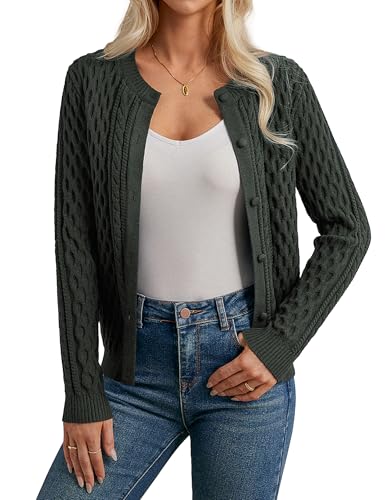 GRACE KARIN Damen Kurze Strickjacke Langarm Rundhals Trachten Strickjacke mit Zopfmuster Cardigan Kurz Armeegrün XL von GRACE KARIN