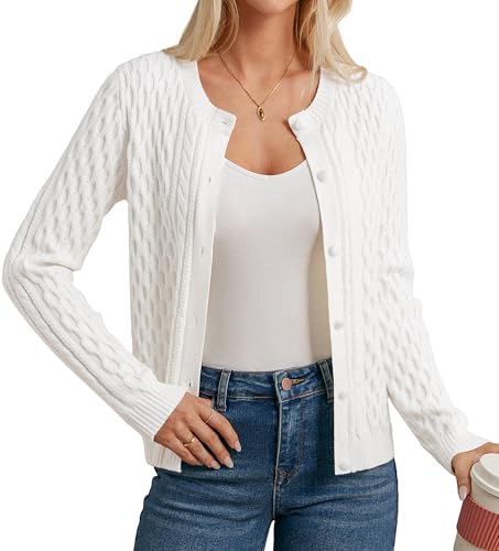 GRACE KARIN Damen Kurze Strickjacke Langarm Rundhals Trachten Strickjacke mit Zopfmuster Cardigan Kurz Elfenbein XL von GRACE KARIN