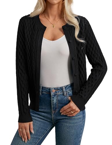 GRACE KARIN Damen Kurze Strickjacke Langarm Rundhals Trachten Strickjacke mit Zopfmuster Cardigan Kurz Schwarz XL von GRACE KARIN