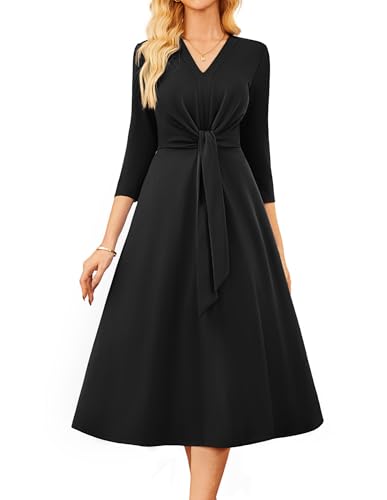 GRACE KARIN Damen Lässig A-Linie Plissee Midikleid Elegant V-Ausschnitt Bürokleid Schwarz XL von GRACE KARIN