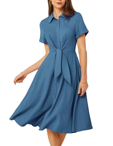 GRACE KARIN Damen Lässig Leicht Blusenkleid mit Bindegürtel Kurzarm Knopfleiste Freizeitkleid Sommer Midikleid Blau M von GRACE KARIN