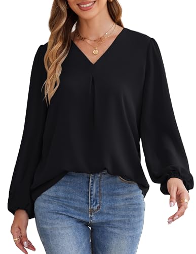GRACE KARIN Damen Lässig Locker Hemdbluse Chiffon Laternenärmel Oberteil V-Ausschnitt Pullover Schwarz M von GRACE KARIN