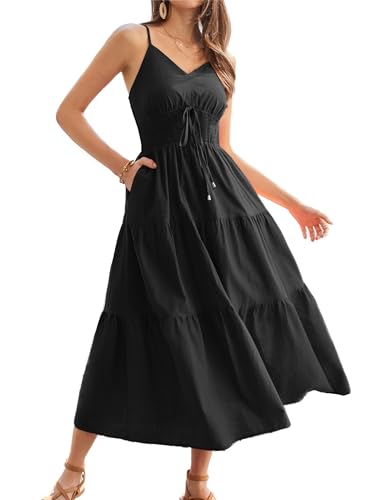 GRACE KARIN Damen Lässig Maxikleid Spaghetti-Träger V-Ausschnitt Baumwollkleid Elastische Taille A-Linie Kleid Schwarz S von GRACE KARIN