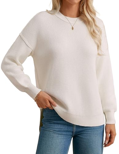 GRACE KARIN Damen Lässig Pullover Winter Lose Rundhalsausschnitt Langarm Strickpullover M Elfenbein von GRACE KARIN