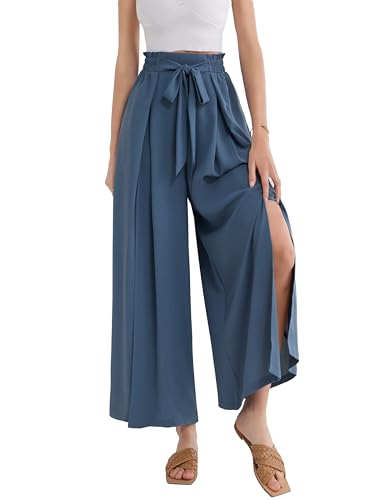 GRACE KARIN Damen Lässige Gummibund Taille Palazzo Hose Weite Hose Mit Taschen Blau L von GRACE KARIN