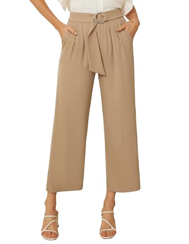 GRACE KARIN Damen Sommer Leicht Palazzo Hose Hohe Taille Weite Hose Mit Taschen Khaki L von GRACE KARIN