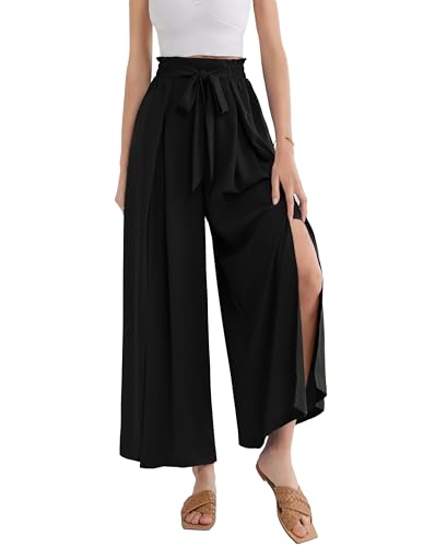 GRACE KARIN Damen Sommer Leicht Palazzo Hose Hohe Taille Weite Hose Mit Taschen Schwarz L von GRACE KARIN